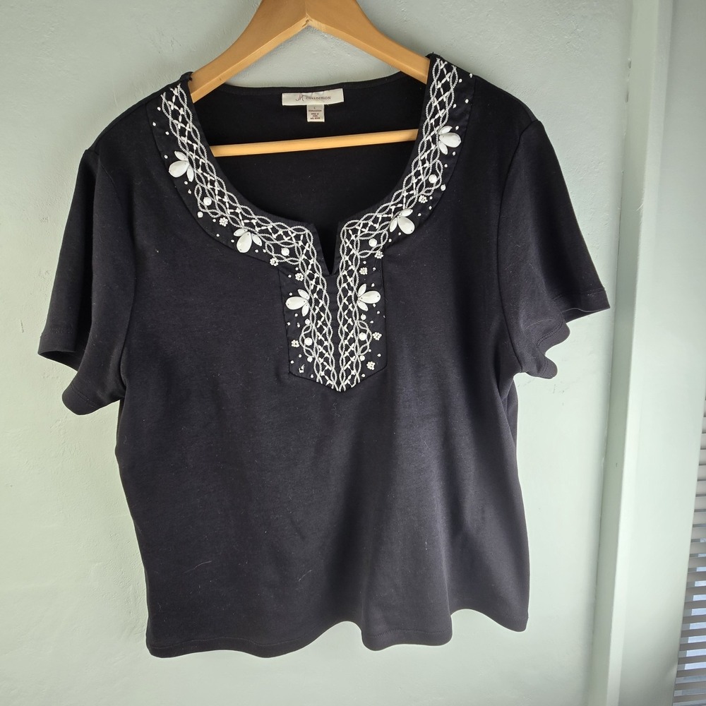 JM Collection Women's Tunic Top Black Embroidered Shortsleeve No Care Tag